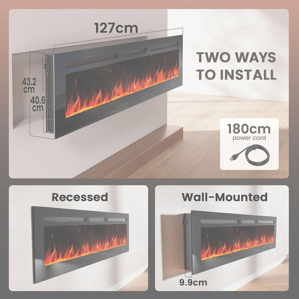 50" Smart Electric Fireplace 5300 BTU Heat Output, Ultra-Slim Wall-Mount or Built-In Electric Fireplace wourant