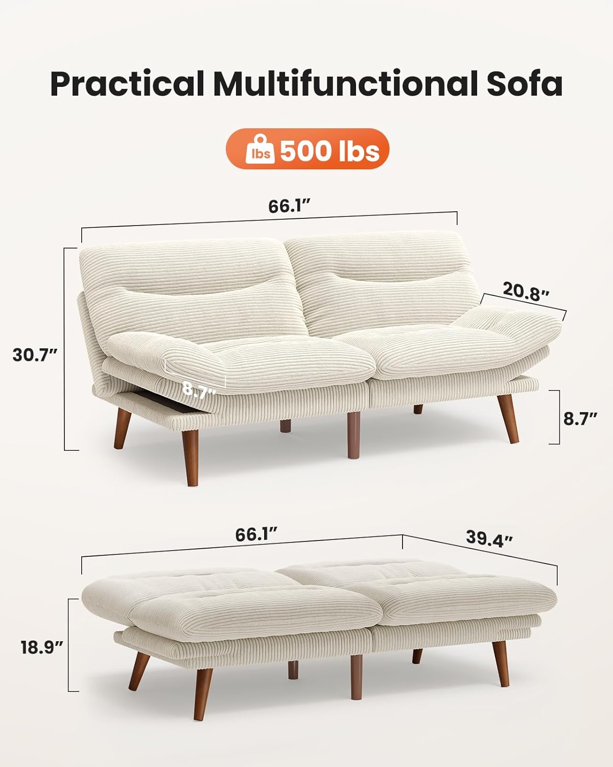 Convertible Futon Sofa Bed, 66 Inch Corduroy Futon Sofa Recliner Sofa Bed for Small Spaces, Playrooms or Offices wourant