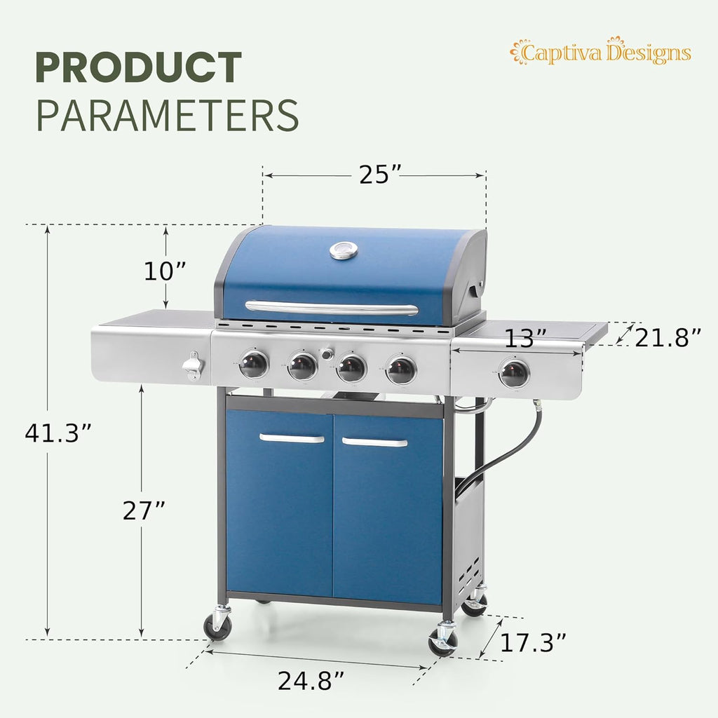 Captiva Designs 4-Burner Propane Gas BBQ Grill with Side Burner & Porcelain-Enameled Cast Iron Grates, 42,000 BTU Output Stainless Steel Grill for Outdoor Cooking Kitchen and Patio Backyard Barbecue wourant
