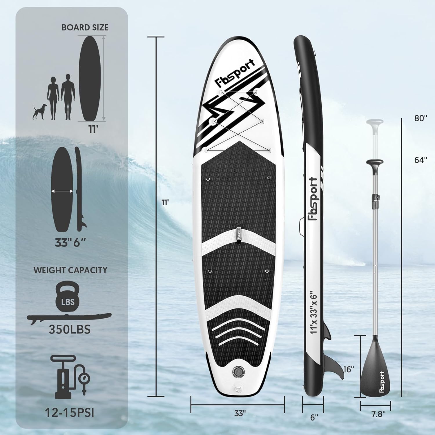 FBSPORT 11' Premium Stand Up Paddle Board, Yoga Board with Durable SUP Accessories & Carry Bag | Wide Stance, Surf Control, Non-Slip Deck, Leash, Paddle and Pump for Youth & Adult wourant