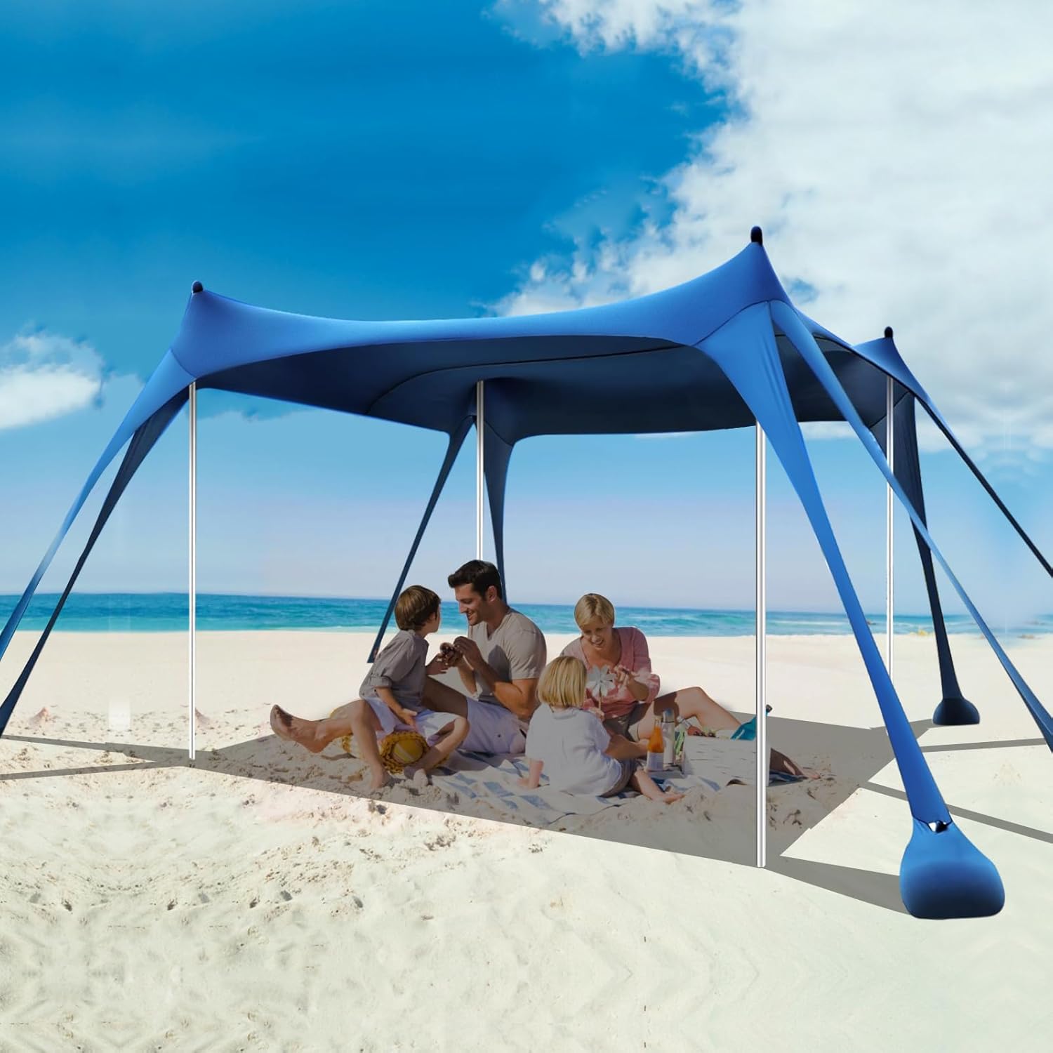 Beach Tent Sun Shelter, 10 x 10 FT Beach Canopy Tent Sun Shade Heavy Duty, UPF50+ Beach Tent Canopy with 8 Sandbags & 4 Stability Poles, Outdoor Beach Shade Canopy for Camping and Fishing, Blue wourant