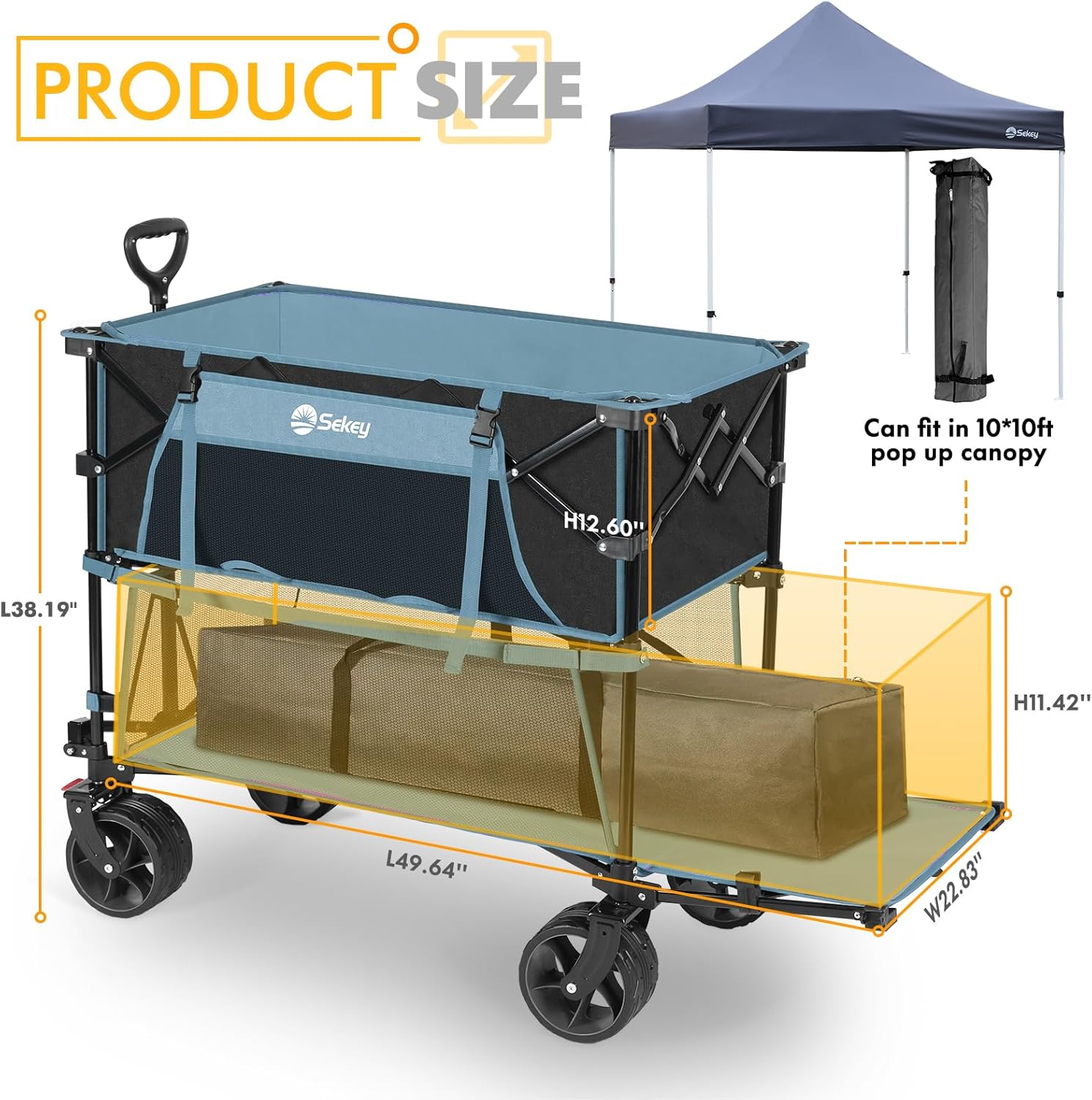 400L Large Capacity Folding Double Decker Wagon with Brakes, 50" Extra Long Extender Cart, 500lbs Heavy Duty Collapsible Wagons wourant