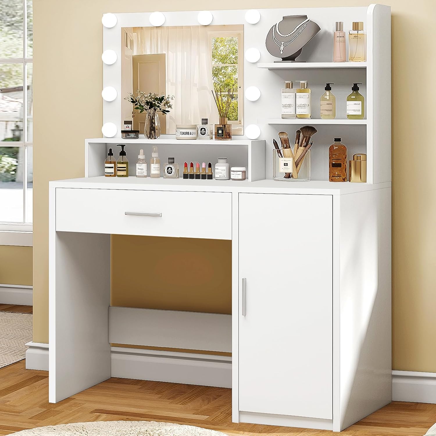 Quimoo Large Vanity Desk with LED Lighted Mirror & Power Outlet,Makeup Vanity Table wourant