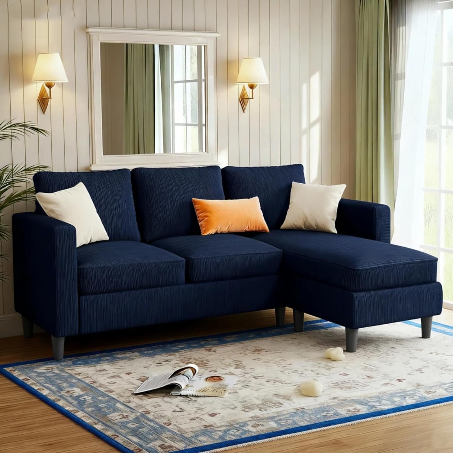 JAMFLY 3-Seat Convertible L-Shaped Sectional Sofa with Reversible Ottoman, Upholstered Fabric Couch wourant