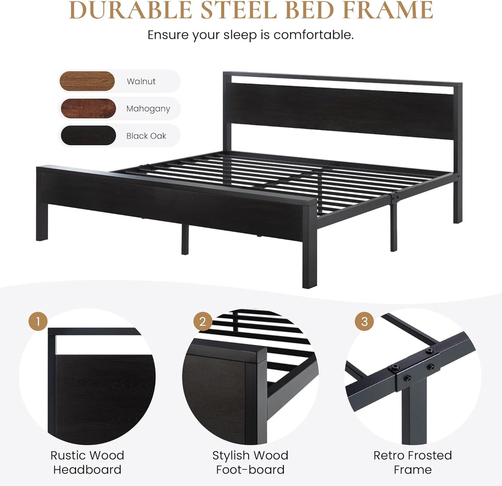 SHA CERLIN 14 Inch Full Size Metal Platform Bed Frame with Wooden Headboard and Footboard wourant