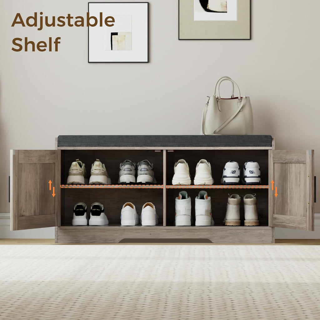 2-Tier Storage Bench, Shoe Bench with Thickened Padded Seat Cushion, Entryway Bench with 4 Doors, Adjustable Shelf, 13.8" D x 45.3" W x 18.5" H, for Entryway, Living Room, Bedroom, White wourant