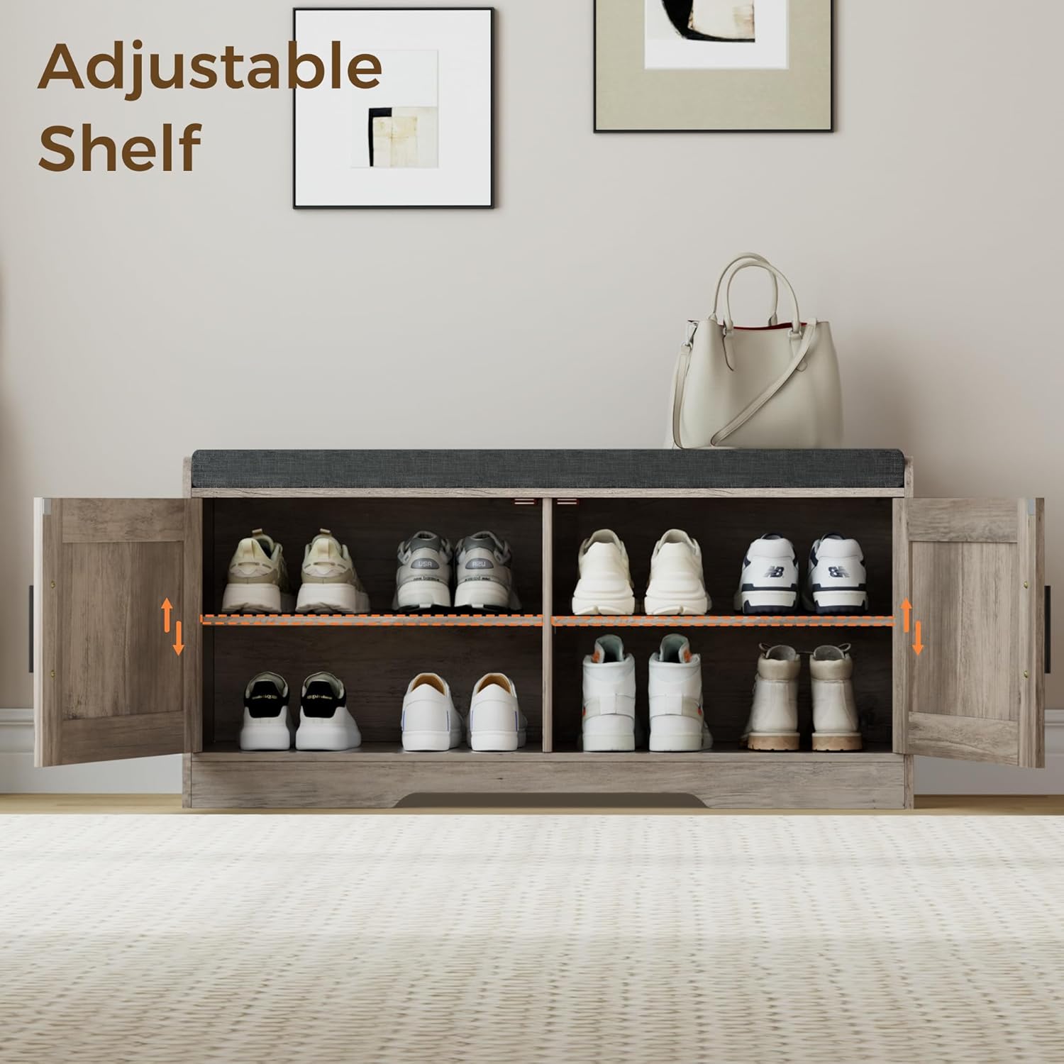 2-Tier Storage Bench, Shoe Bench with Thickened Padded Seat Cushion, Entryway Bench with 4 Doors, Adjustable Shelf, 13.8" D x 45.3" W x 18.5" H, for Entryway, Living Room, Bedroom, White wourant