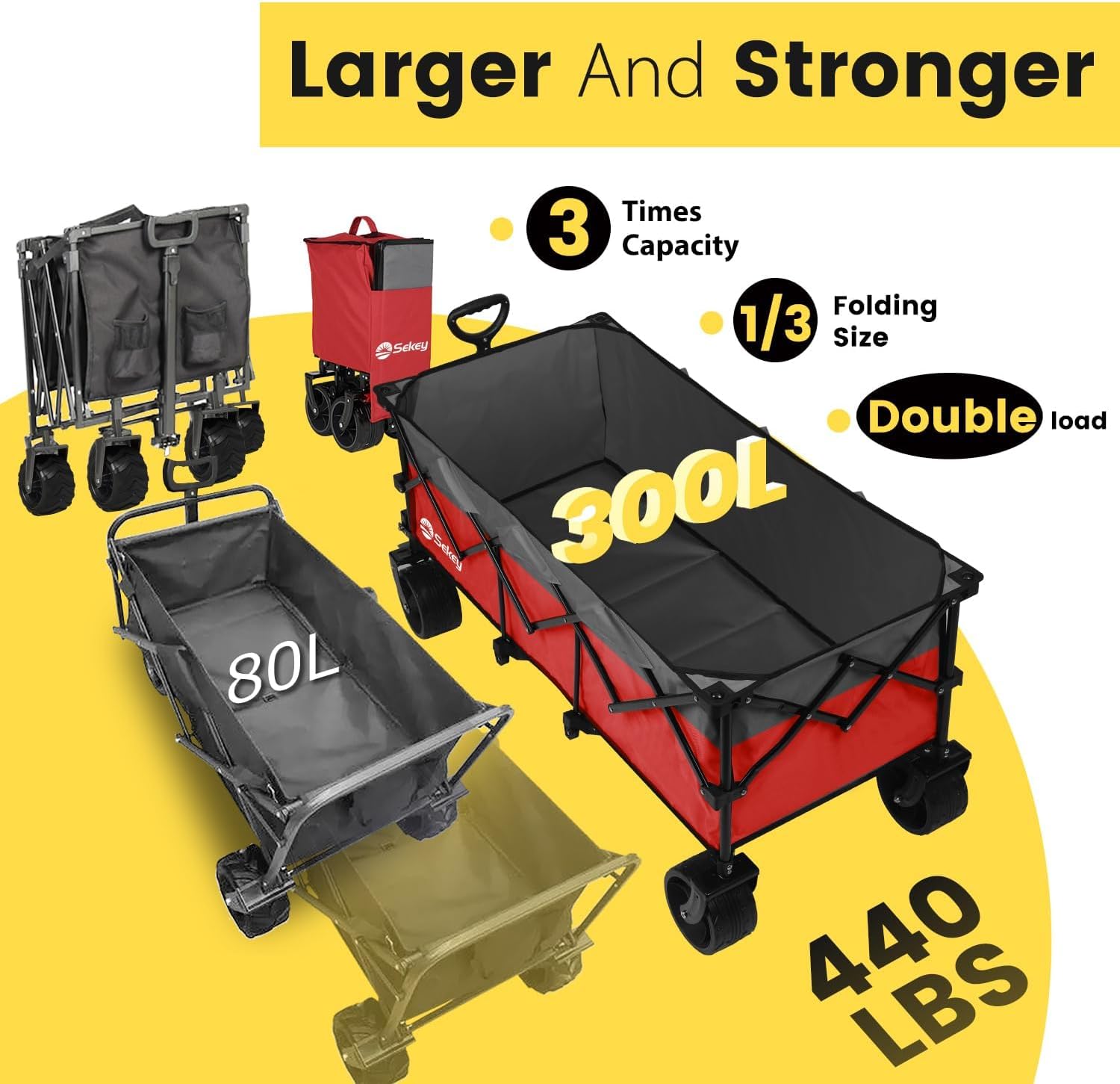 Sekey 48 Inch Long Foldable Extended Travel Cart, 440 Lbs Load Capacity, Heavy Duty 300 Liter Folding Multi-Purpose Garden Cart wourant