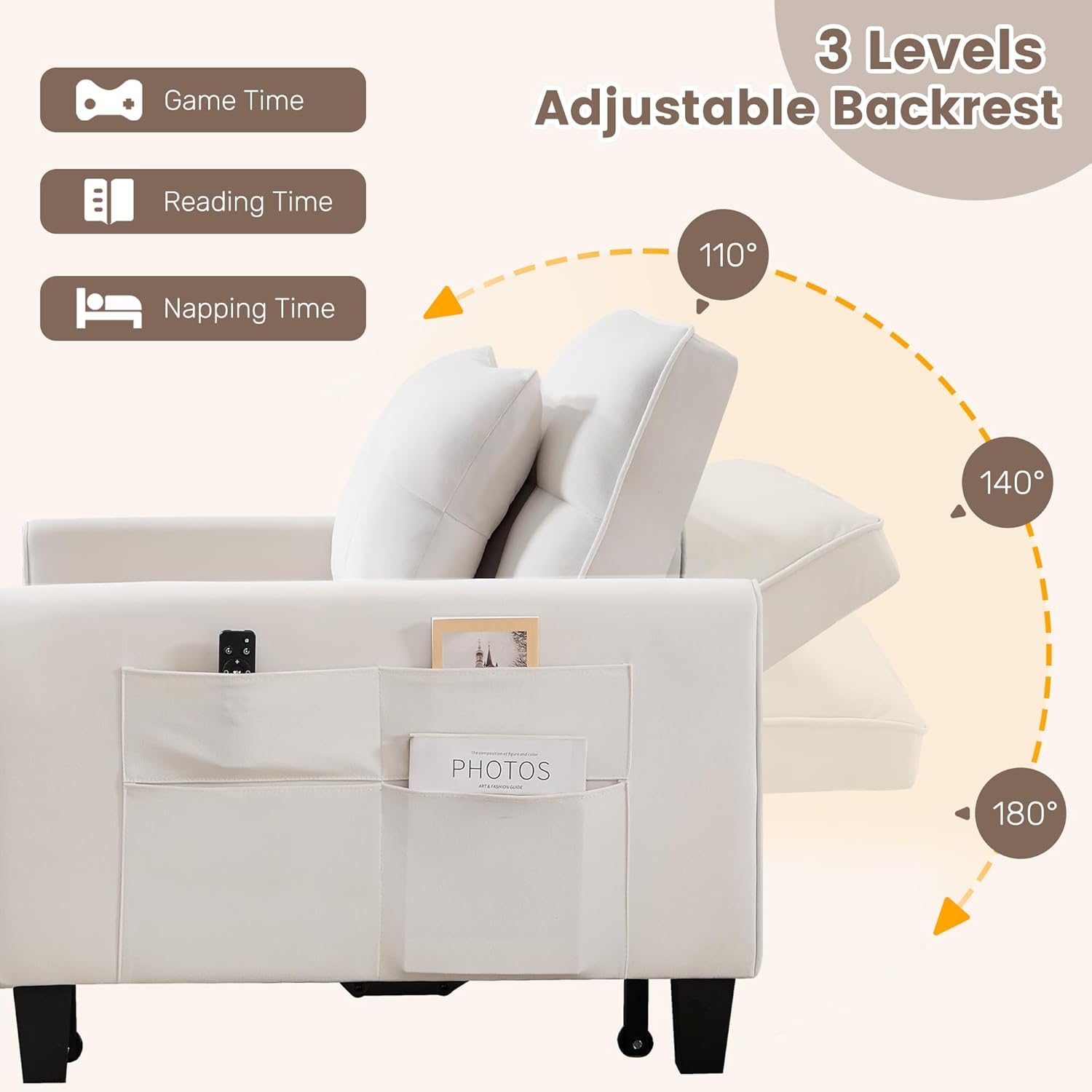 Convertible Sleeper Chair, 3 in 1 Sleeper Chair Bed Pull Out Sofa Bed Chairs, Velvet Single Sofa with Adjustable Backrest wourant