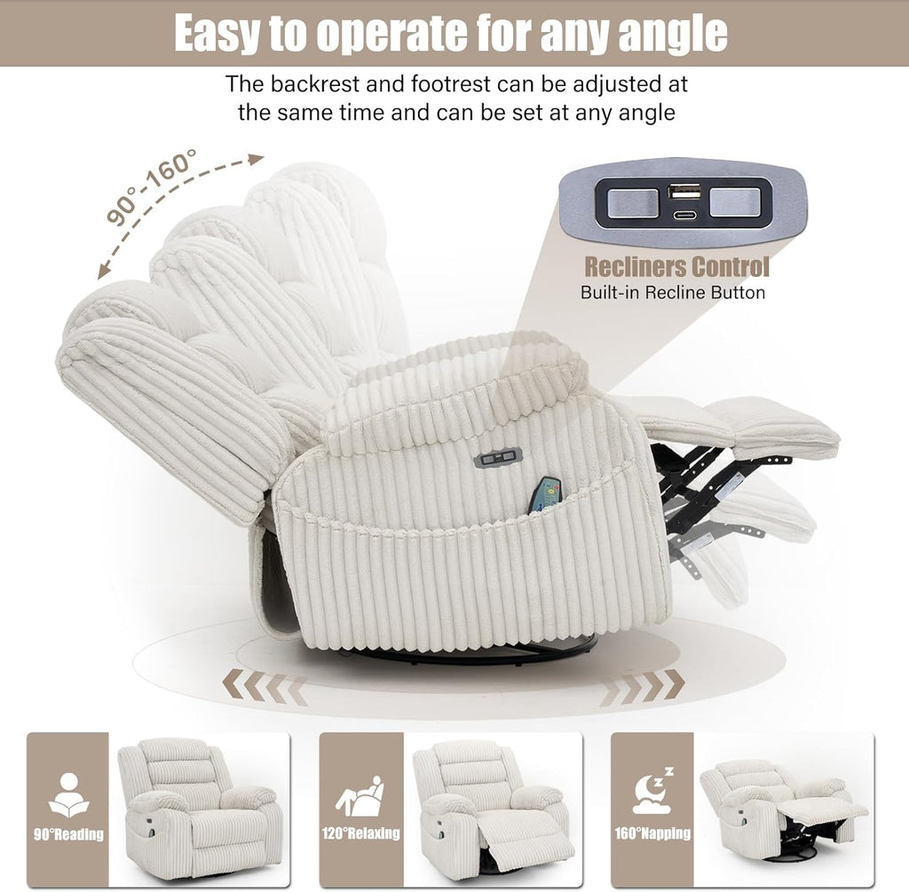 Electric rotary rocker lounge chair for adults with massage and calories, USB and C charging ports wourant