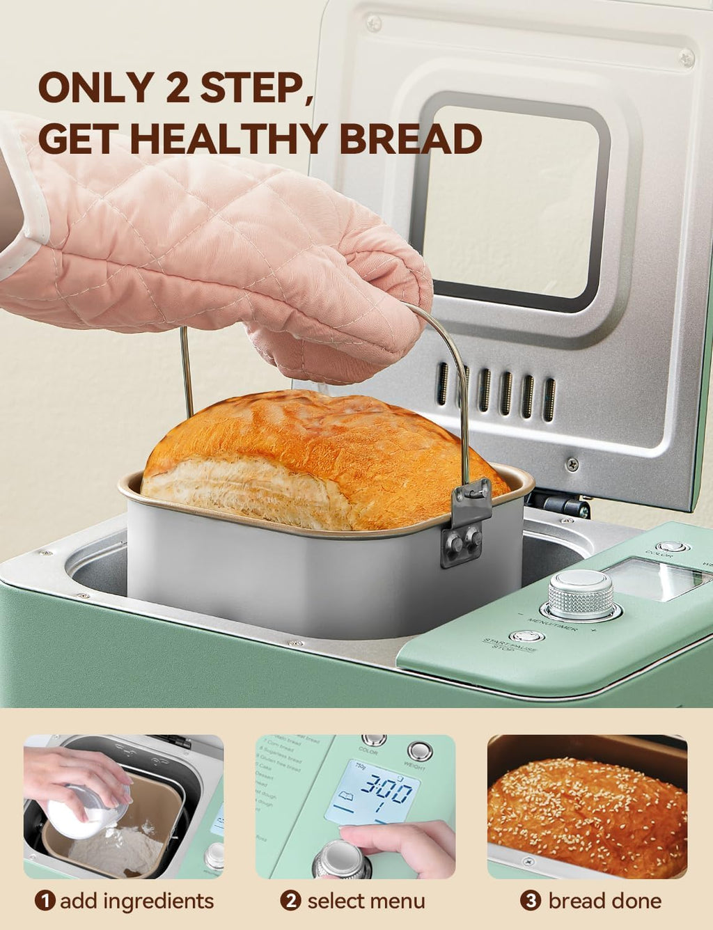 Neretva Bread Maker, 20-IN-1 2LB Bread Machine Dual Heater Bread Maker Machine Automatic with Nonstick Ceramic Pan, 15H Timer & 1H Keep Warm Set, Low Noise, Stainless Steel Breadmaker Recipe-Green wourant