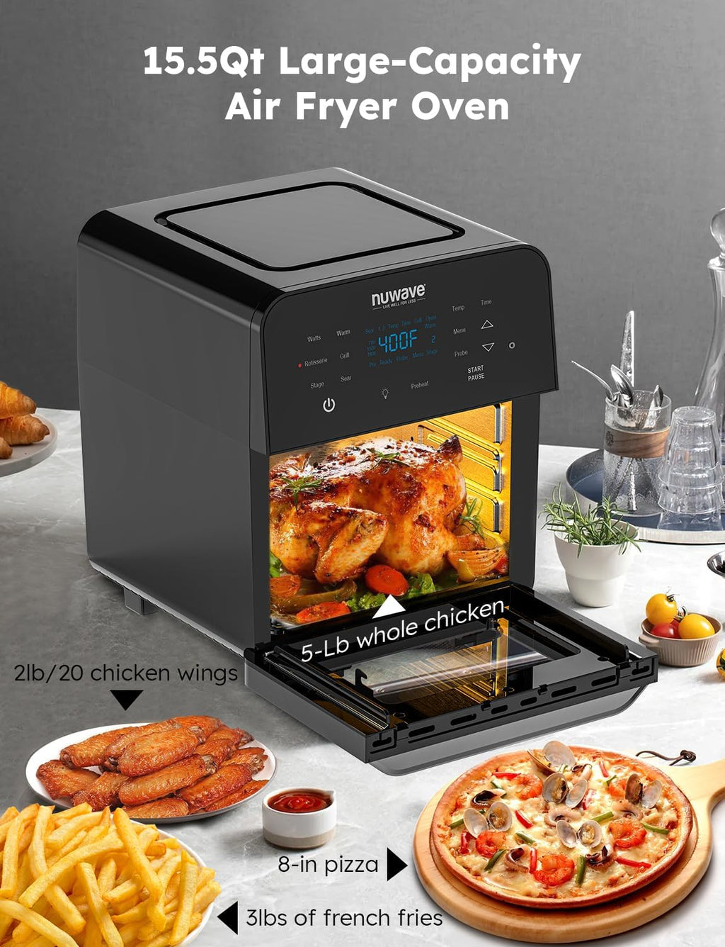 Nuwave Brio 15.5Qt Air Fryer & Broiler with 50°-425°F Temperature Control, 100 Presets and 50 Memory, Integrated Smart Thermometer, and Linear T Technology wourant