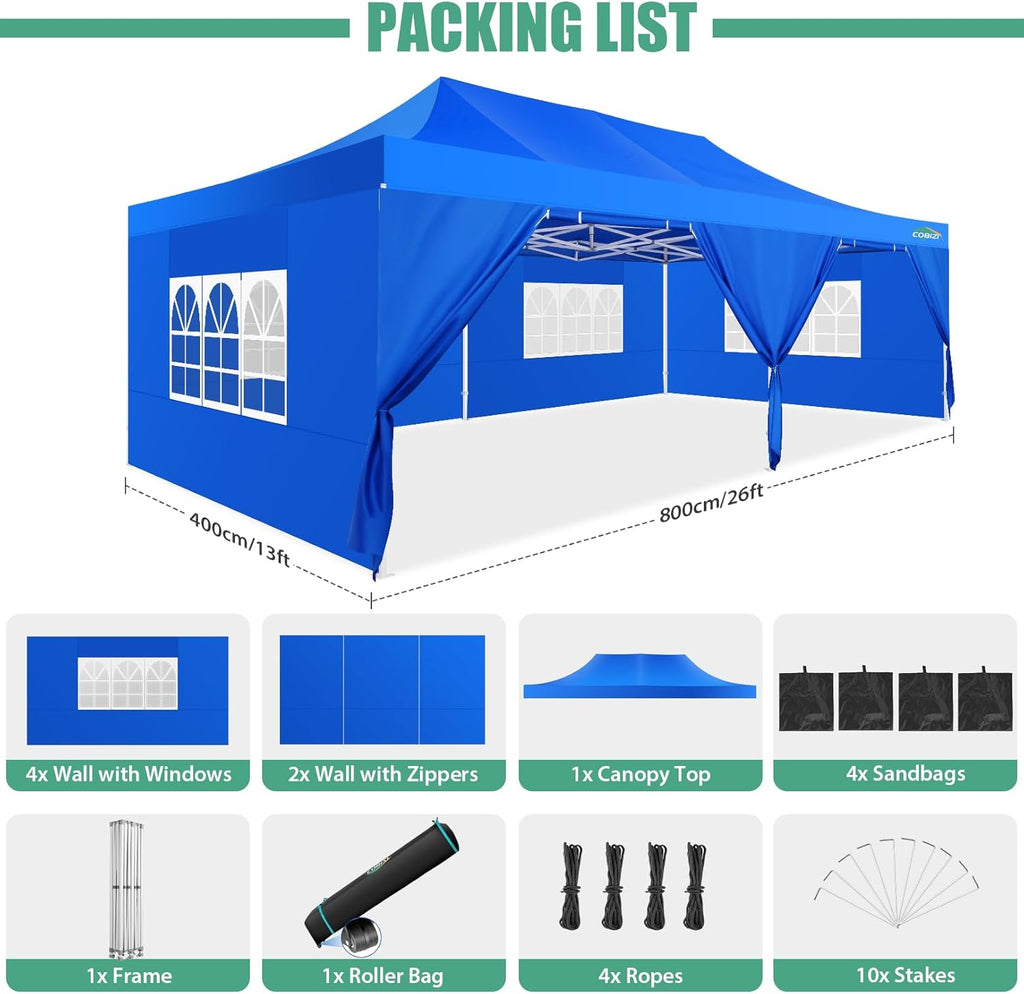 COBIZI 10x20 Heavy Duty Pop up Canopy Tent with 6 sidewalls Easy Up Commercial Outdoor Canopy Wedding Party Tents for Parties All Season Wind & Waterproof Gazebo with Roller Bag,Black(Frame Thickened) wourant