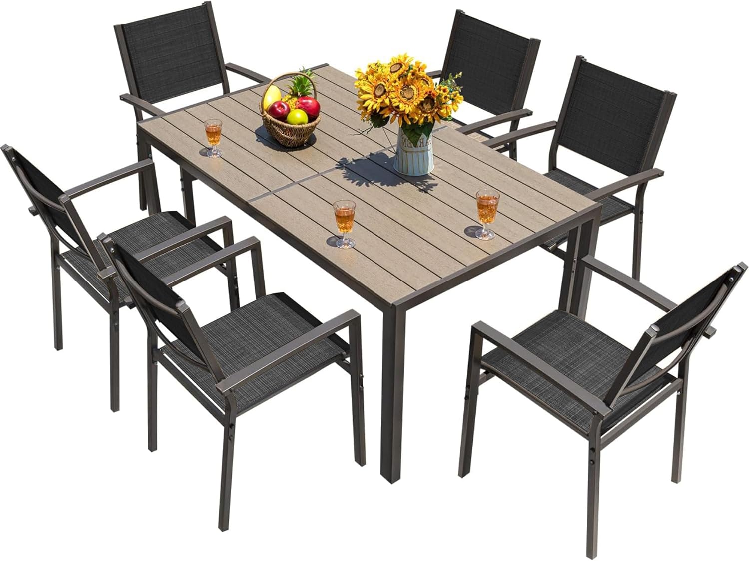 Homall Patio Dining Set 7 Pieces Outdoor Furniture with Large Table and 6 Textilene Chairs for Porch, Brown wourant