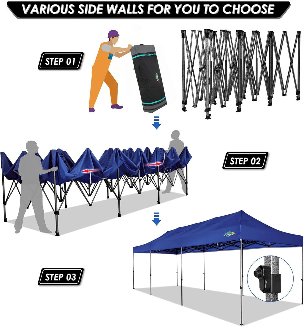 COBIZI 10x20 Heavy Duty Pop up Canopy Tent with 6 sidewalls Easy Up Commercial Outdoor Canopy Wedding Party Tents for Parties All Season Wind & Waterproof Gazebo with Roller Bag,Black(Frame Thickened) wourant