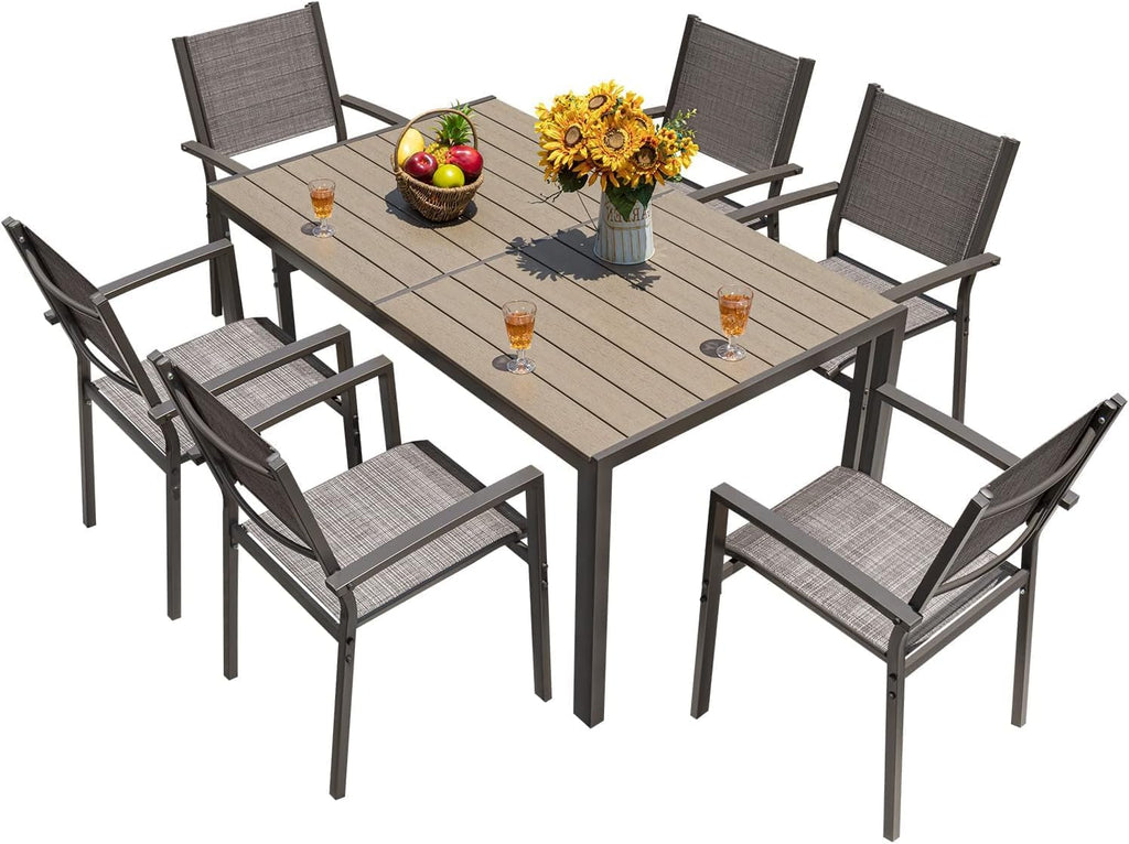 Homall Patio Dining Set 7 Pieces Outdoor Furniture with Large Table and 6 Textilene Chairs for Porch, Brown wourant
