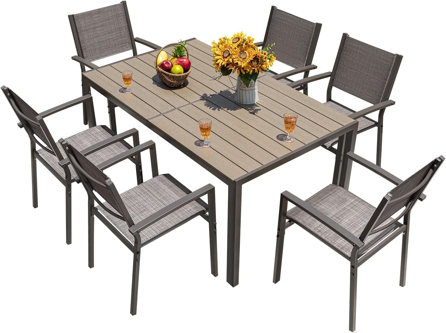 Homall Patio Dining Set 7 Pieces Outdoor Furniture Table and 6 Textilene Chairs, Light Grey wourant