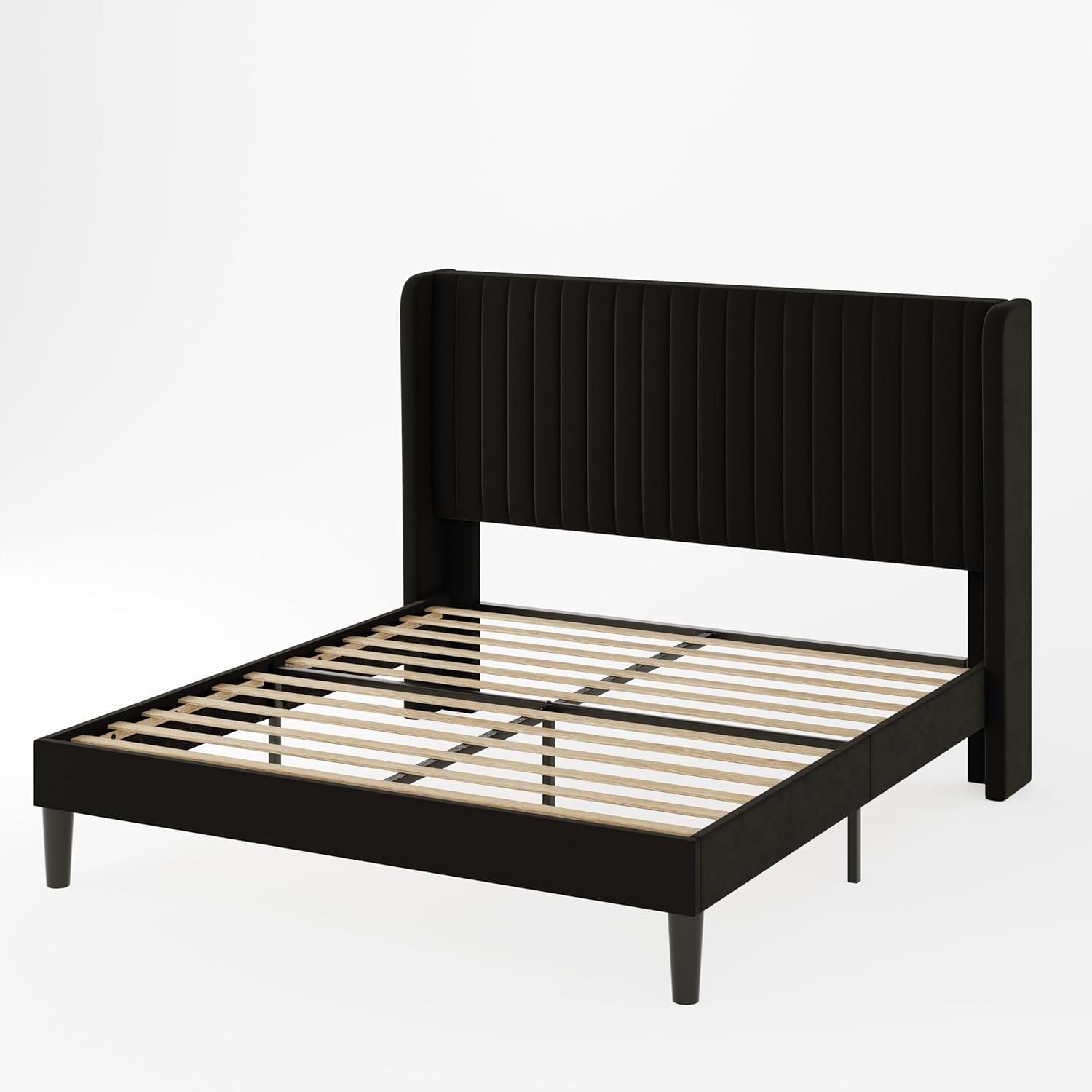 Allewie Full Size Velvet Bed Frame Vertical Channel Tufted Wingback Headboard Upholstered Bed wourant