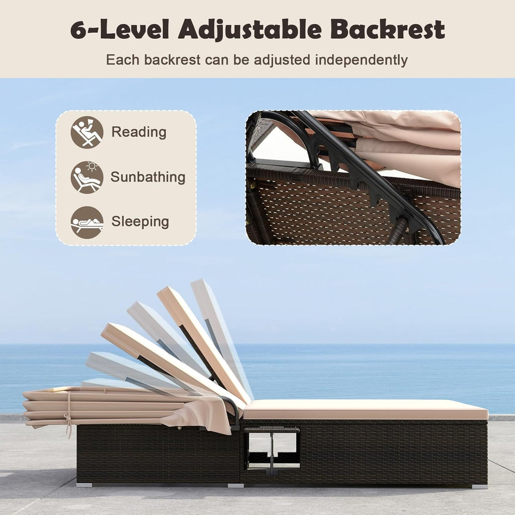 RELAX4LIFE Outdoor Daybed Retractable Canopy Wicker Double Chaise Lounge 6-Position Backrest wourant
