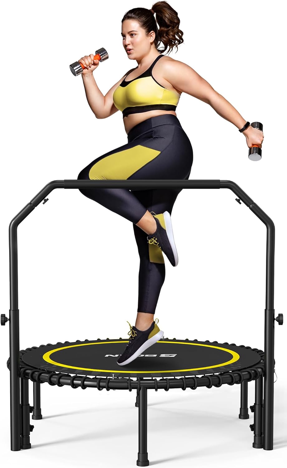 BCAN 450/550 LBS Foldable Mini Trampoline, 40"/48" Fitness Trampoline with Bungees, U Shape Adjustable Foam Handle, Stable & Quiet Exercise Rebounder for Adults Indoor/Outdoor Workout wourant