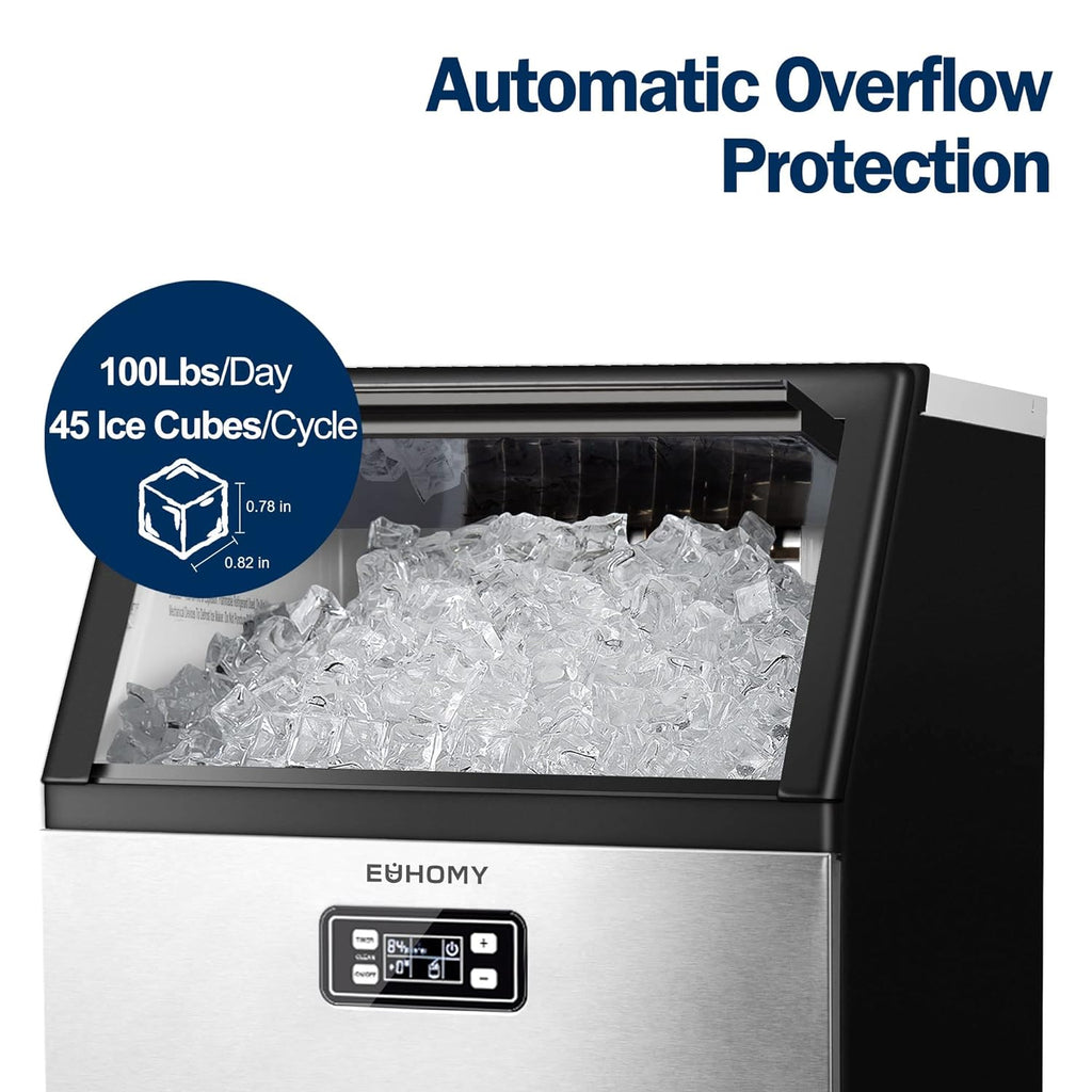 EUHOMY Commercial Ice Maker Machine, 100lbs/24H Stainless Steel Under Counter ice Machine with 33lbs Ice Storage Capacity, Freestanding Ice Maker. wourant