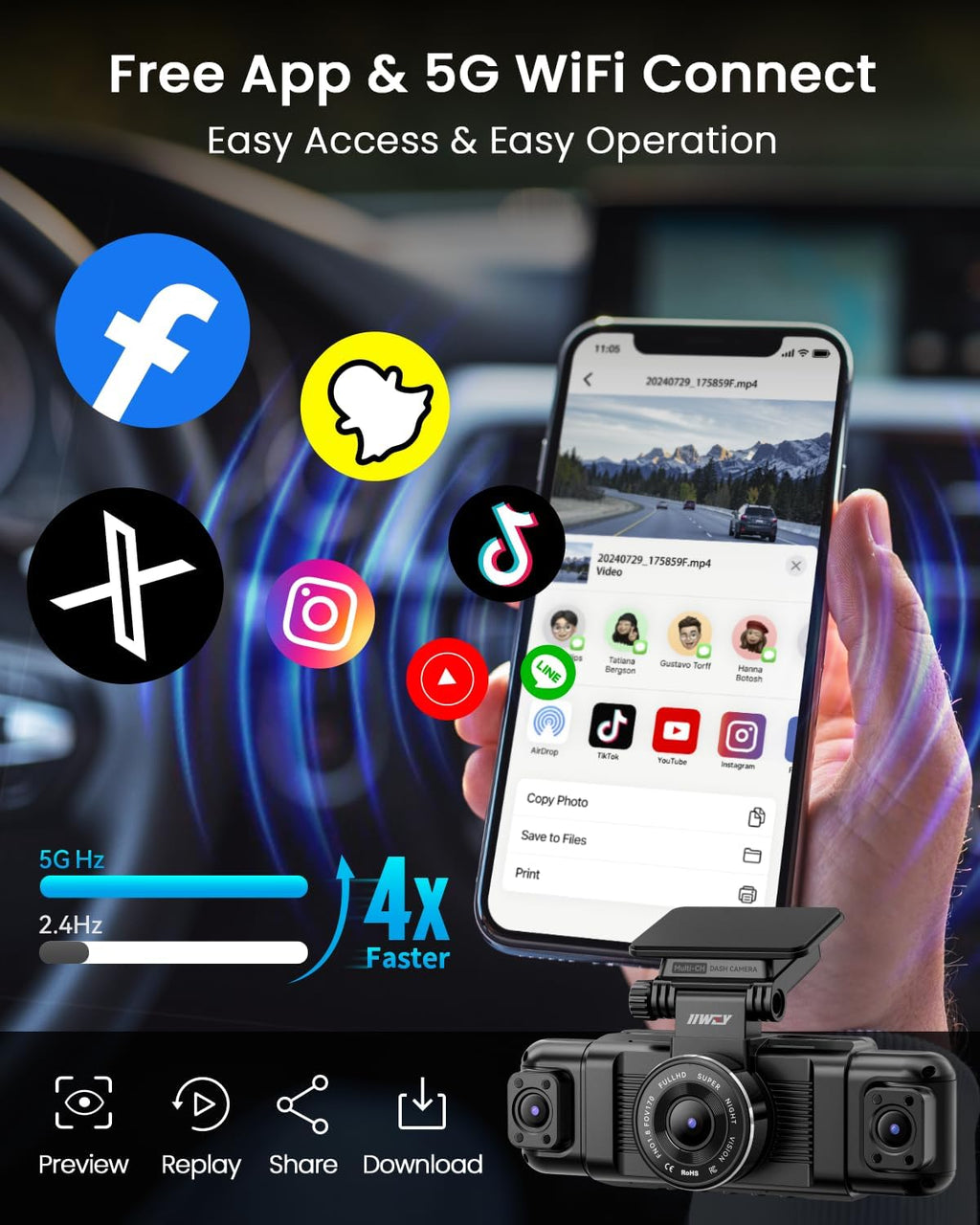 Channel Dash Cam 360° View, 1080P Front and Rear Interior, Car Left and Right Dash Cam, 8 Infrared Lights Night Vision, 5G WiFi and APP Control, G Sensor, Parking Mode, with Free 128GB SD Card wourant