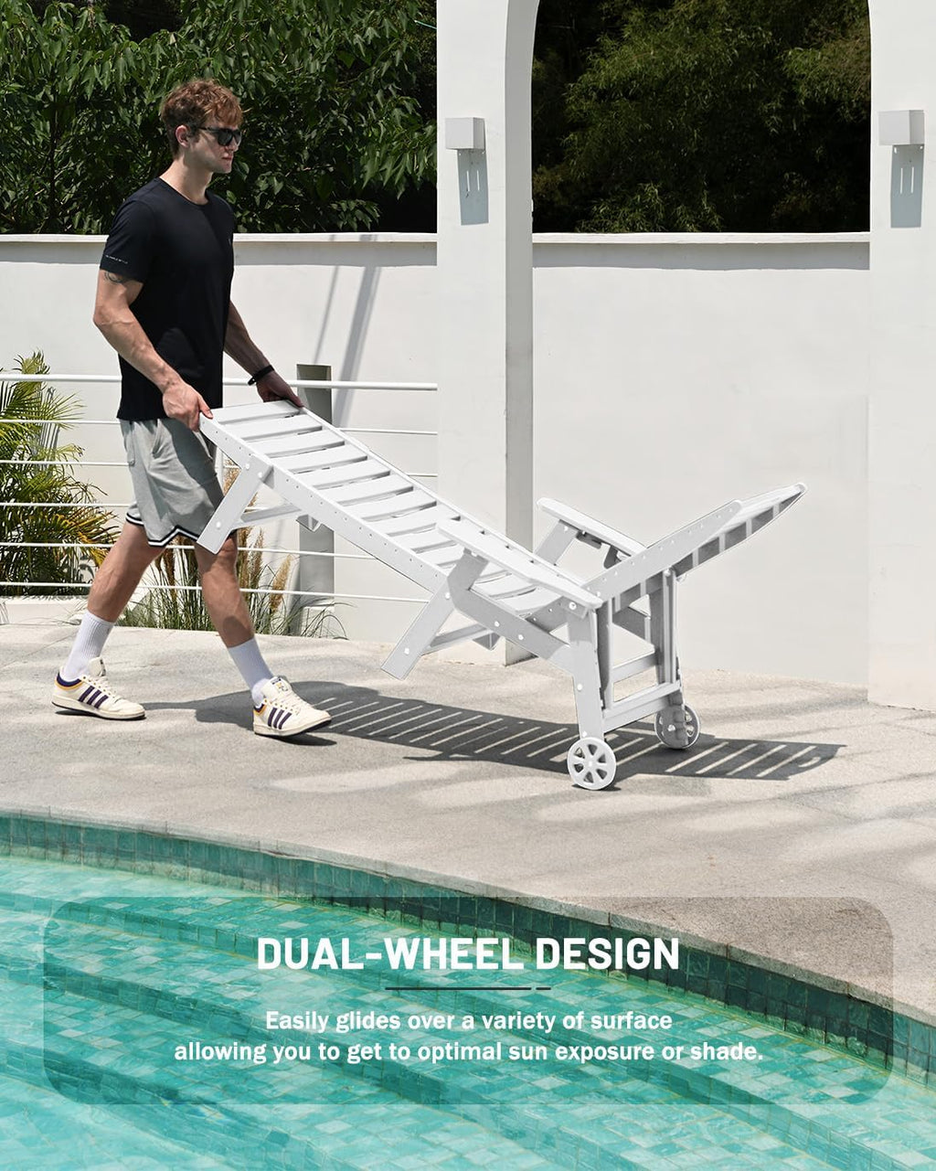 Lounge Chair Outdoor, Chaise Lounge, HDPE 6-Position Outdoor Chaise Lounge, Patio Lounge Chair with Wheels & Cup Holder for Pool Poolside Deck Backyard, Teak wourant