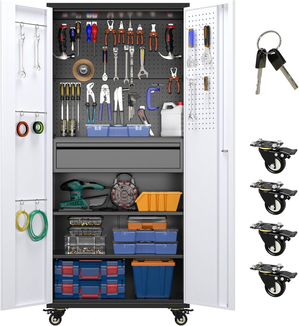 Aobabo 73''H Metal Garage Storage Cabinet with Wheels,Steel Cabinets with 2 Doors and 4 Adjustable Shelves for Home Office,Required Assembly,Black wourant