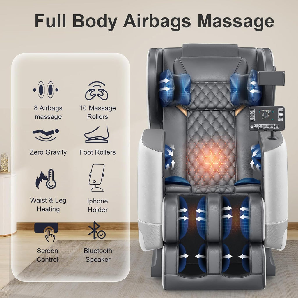 2025 Massage Chair Full Body, Zero Gravity Massage Chair with 10 Fix Rollers, Heating, Foot Massage, Auto Modes, Bluetooth Speaker, Touch Screen Controller (Black & Brown) wourant