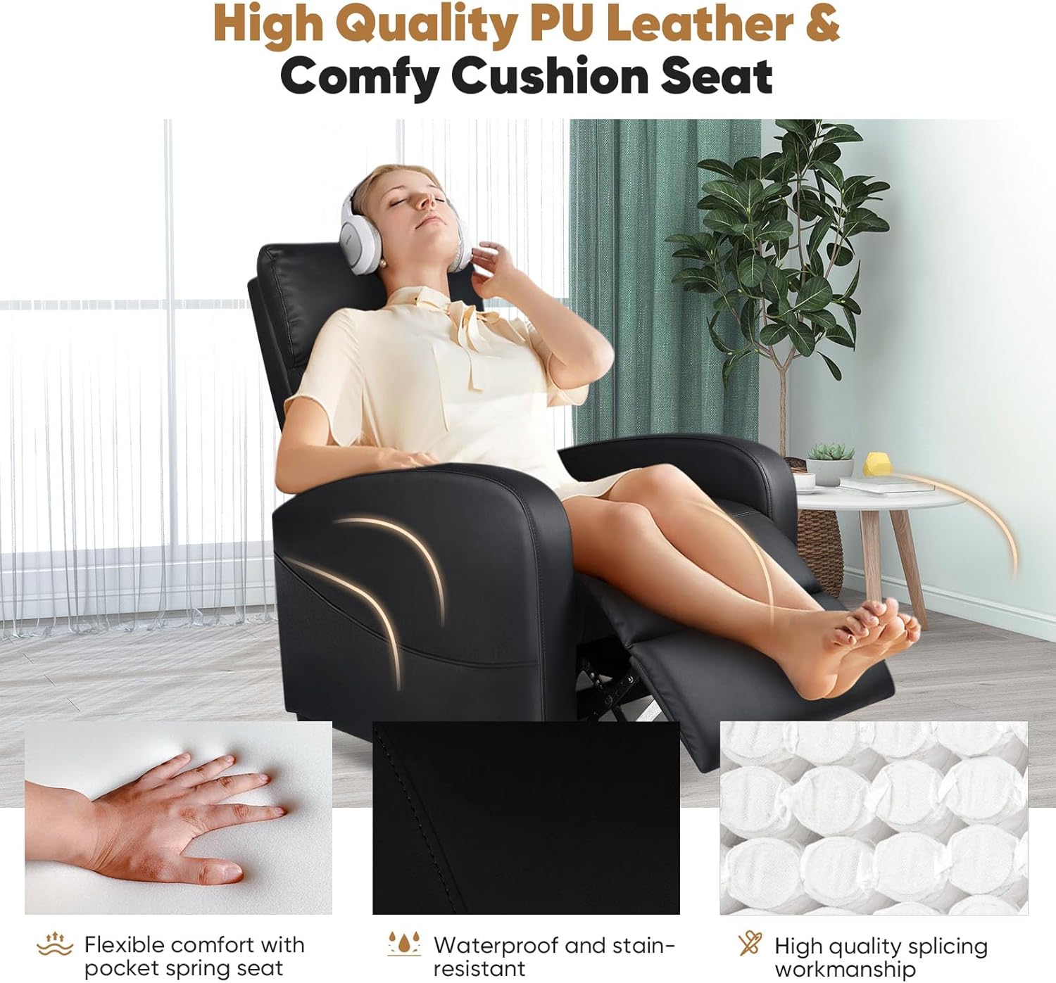 DUMOS Recliner Chair for Adults, Massage Reclining Chair for Living Room, Adjustable Home Theater Seating Single Sofa with Padded Seat Backrest and Footrest, Linen, Grey wourant