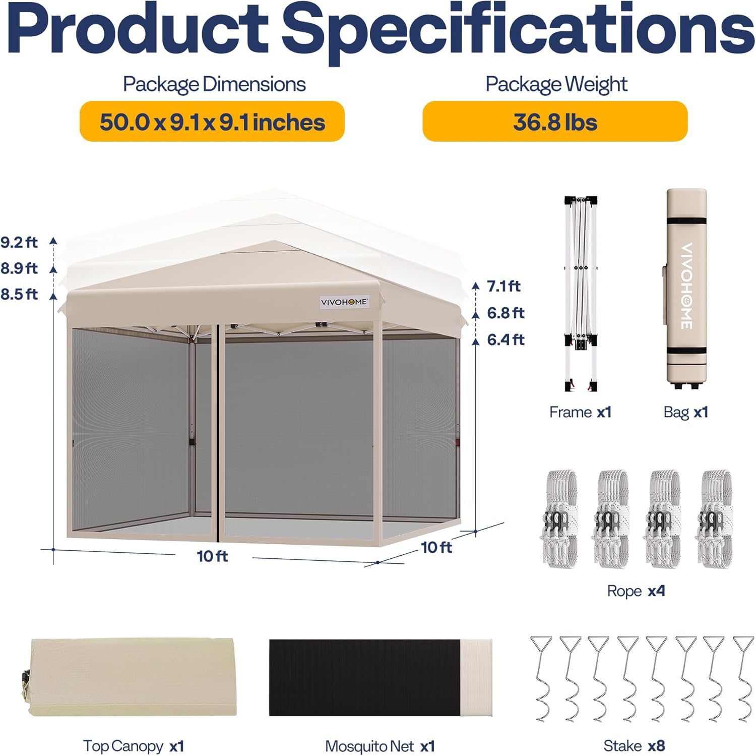 10x10ft Easy Pop-Up Canopy, Outdoor Screen Tent with Mosquito Netting, 2 Zipper Doors, and Roller Bag for Yard Camping Picnic Party Events, Beige wourant