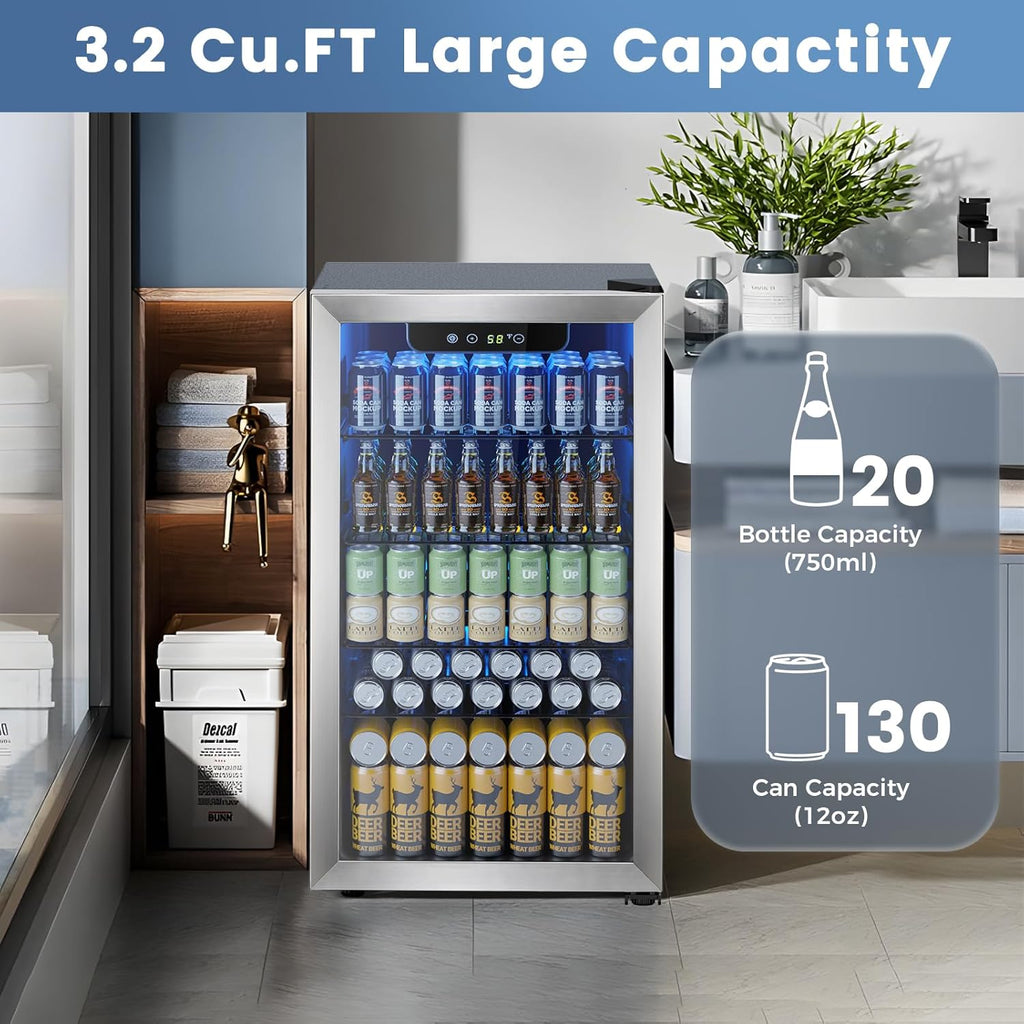 Mini Fridge 130 Can Beverage Refrigerator Cooler, 3.2 Cu.Ft Drink Fridge for Soda Wine Beer, Adjustable Temperature Control for Home Office, Black wourant