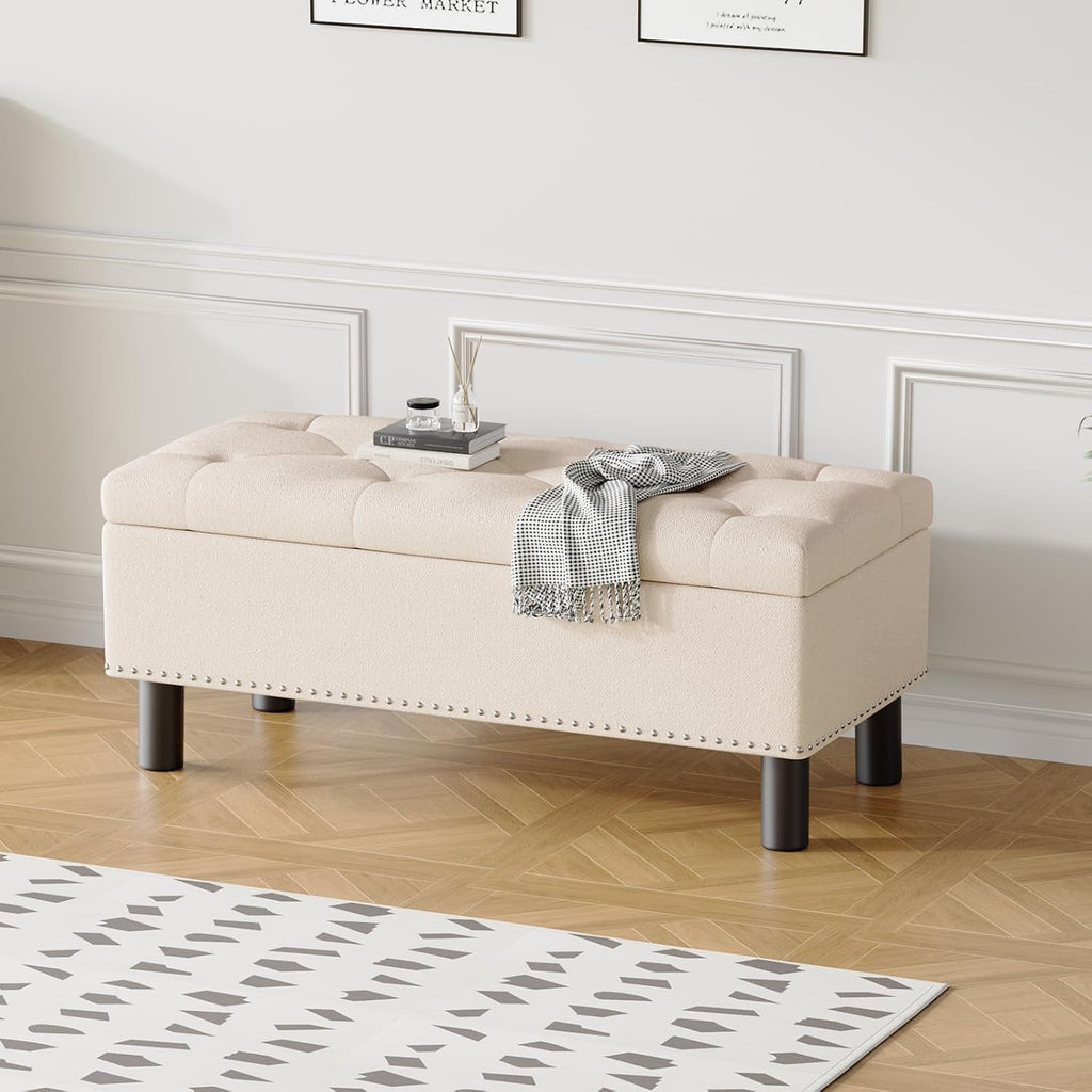 Furniliving Modern Storage Ottoman Bench, Sherpa Ottoman End of Bed Bench with Solid Wood Legs Upholstered Ottoman Benches with Storage Indoor Bench wourant