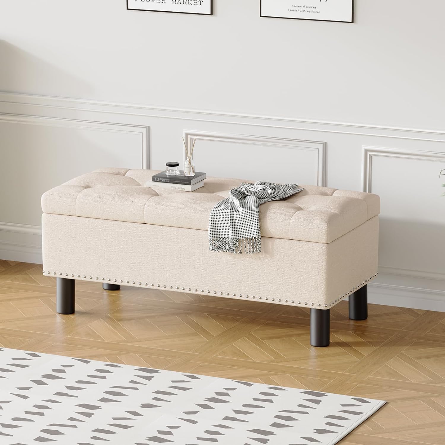 Furniliving Modern Storage Ottoman Bench, Sherpa Ottoman End of Bed Bench with Solid Wood Legs Upholstered Ottoman Benches with Storage Indoor Bench wourant