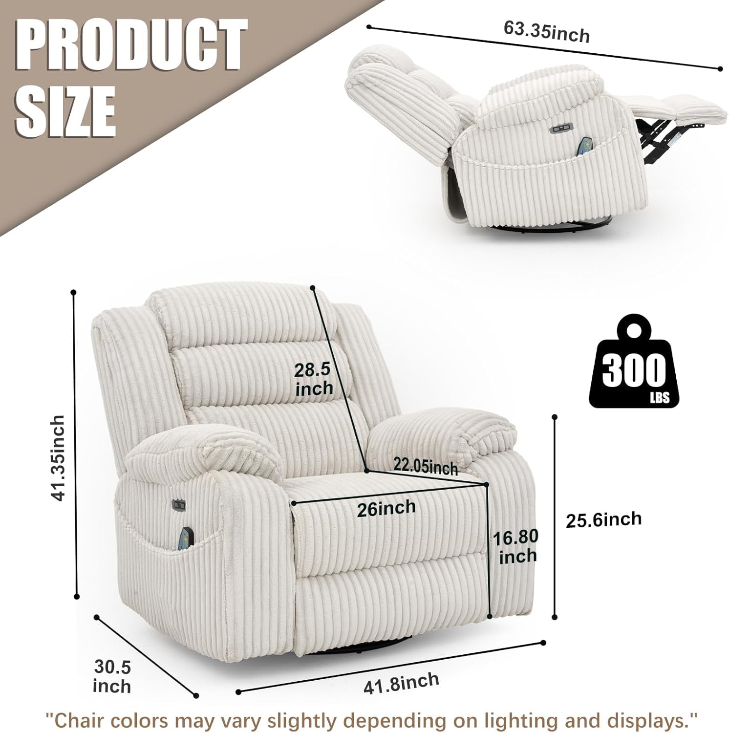 Electric rotary rocker lounge chair for adults with massage and calories, USB and C charging ports wourant