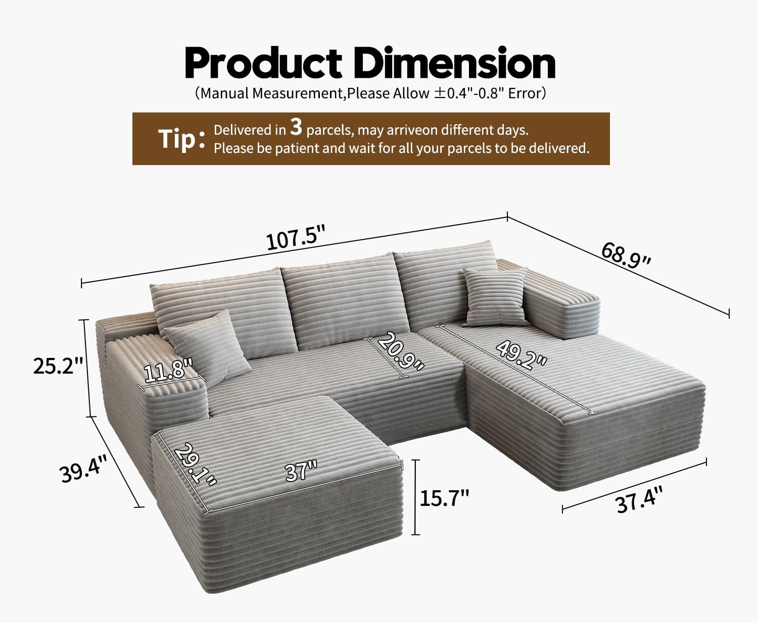 107.5" Cloud Modular Sectional Sofa Couch with L-Shape Chaise,Modern Minimalist Upholstered Couches wourant