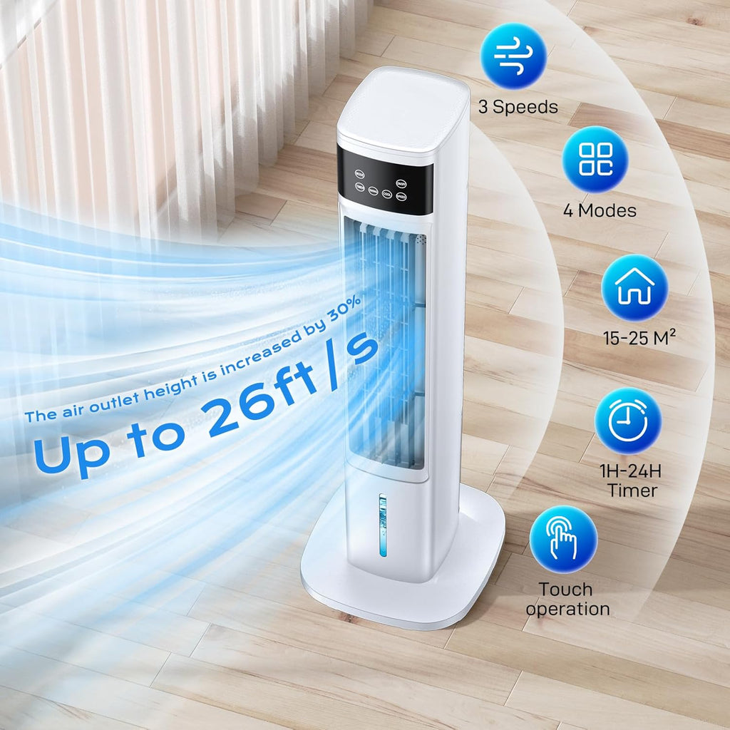 Evaporative Air Cooler, 3-in-1 Portable Air Conditioners for Room, 4 Modes 3 Speeds, Fast Cooling Portable AC Unit w/24H Timer, Remote Oscillating Tower Fan, Quiet Swamp Cooler for Bedroom Office wourant