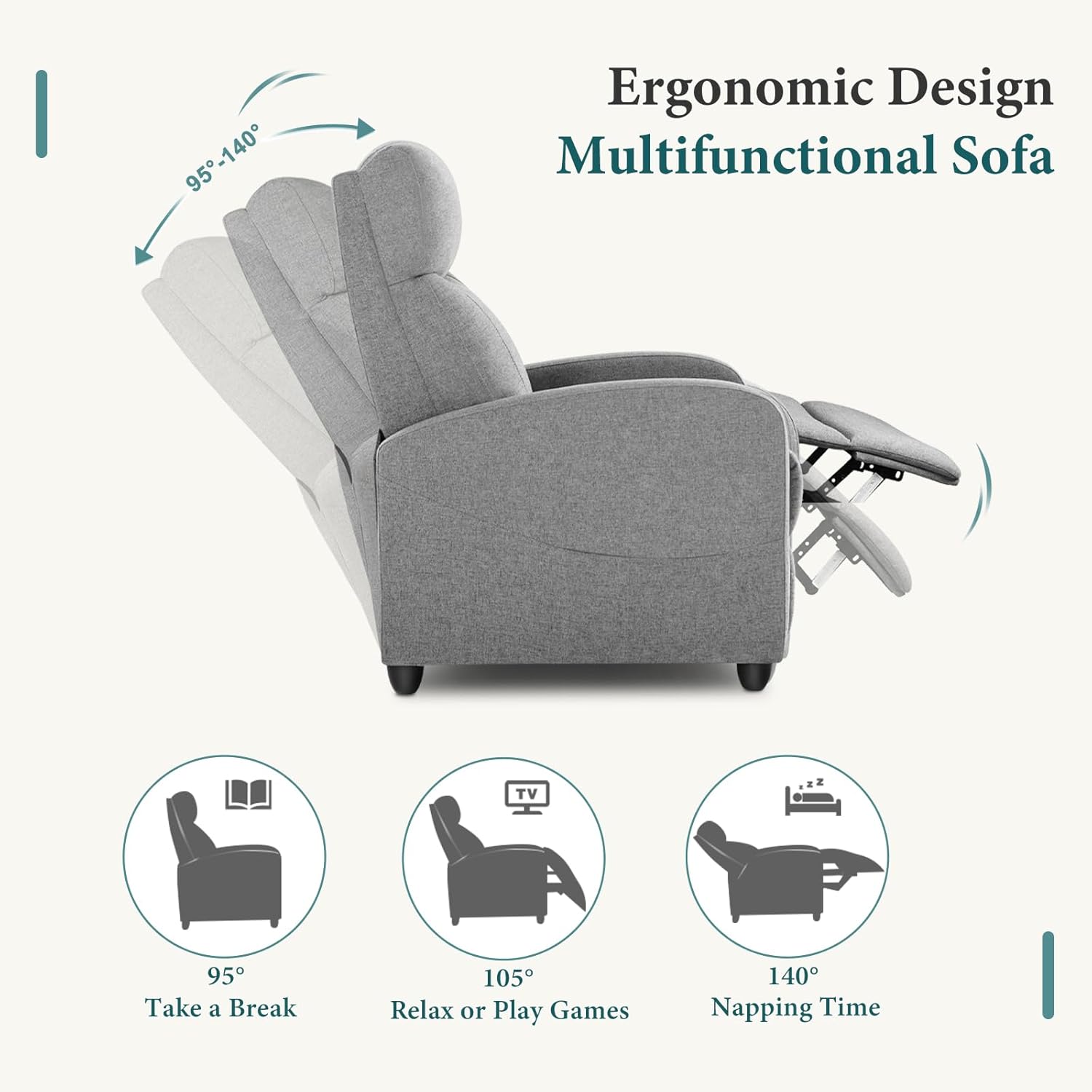 Swivel Rocking Recliner Chair with Extra Large Footrest High Back, Upholstered Glider Nursery Chair for Living Room, Bedroom & Nursery, Comfortable Deep Seat for Relaxation, Grey wourant