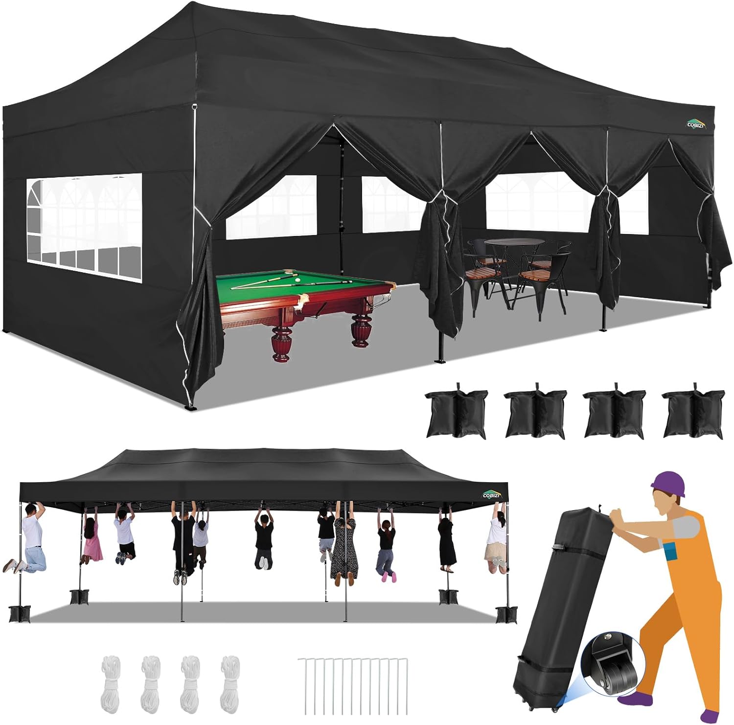 COBIZI 10x20 Heavy Duty Pop up Canopy Tent with 6 sidewalls Easy Up Commercial Outdoor Canopy Wedding Party Tents for Parties All Season Wind & Waterproof Gazebo with Roller Bag,Black(Frame Thickened) wourant
