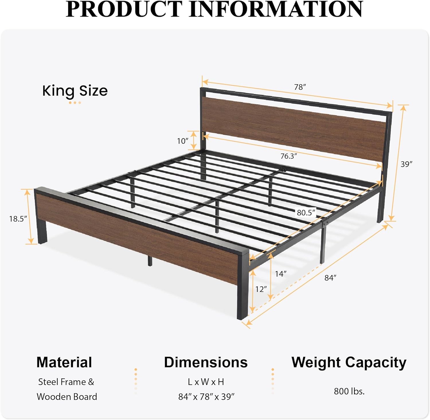 SHA CERLIN 14 Inch Queen Size Metal Platform Bed Frame with Wooden Headboard and Footboard wourant