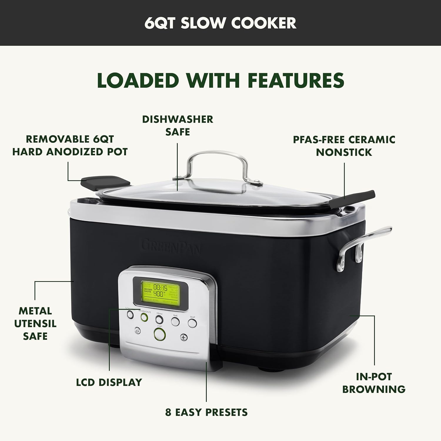 8-in-1 Programmable 6QT Electric Slow Cooker with Dishwasher-Safe Lid and Removable Base wourant