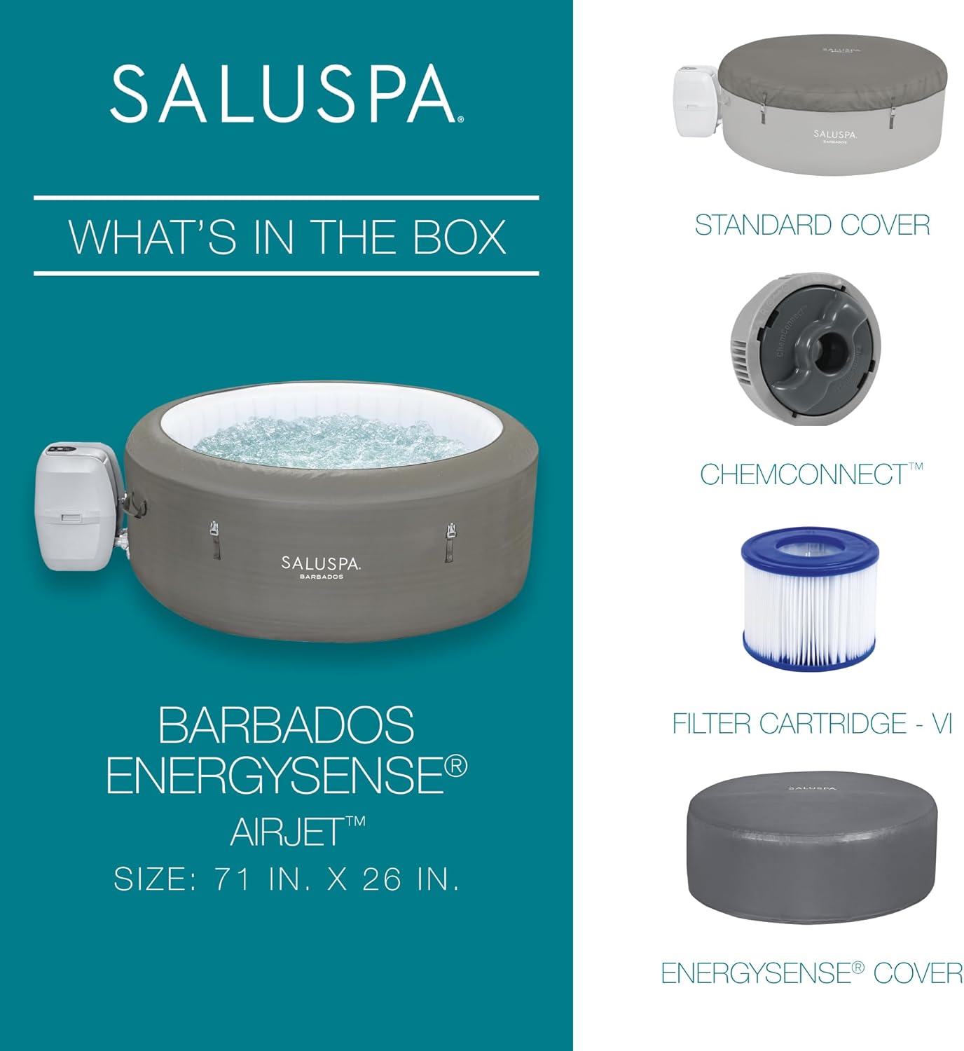 Bestway SaluSpa Miami EnergySense AirJet Inflatable Hot Tub Spa (71" x 26") | Portable Hot Tub with 2 Covers (1 Energy-Efficient Thermal Cover and 1 Standard Cover) | Fits Up to 2-4 Persons | Black wourant