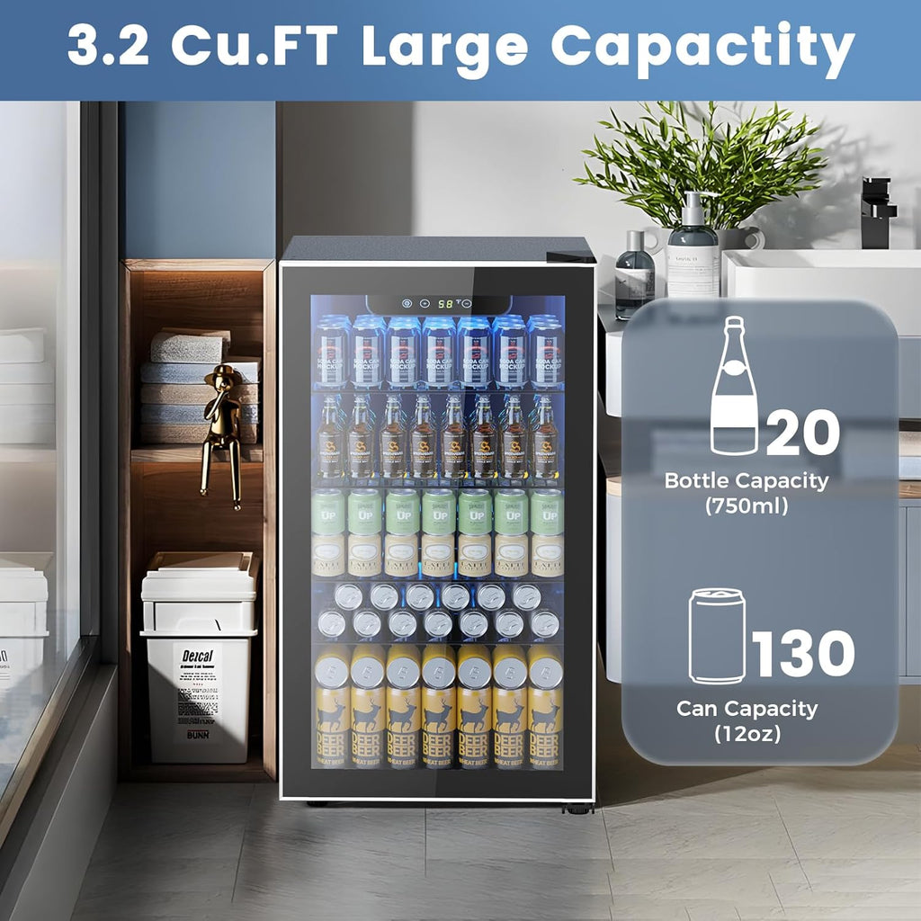 Mini Fridge 130 Can Beverage Refrigerator Cooler, 3.2 Cu.Ft Drink Fridge for Soda Wine Beer, Adjustable Temperature Control for Home Office, Black wourant