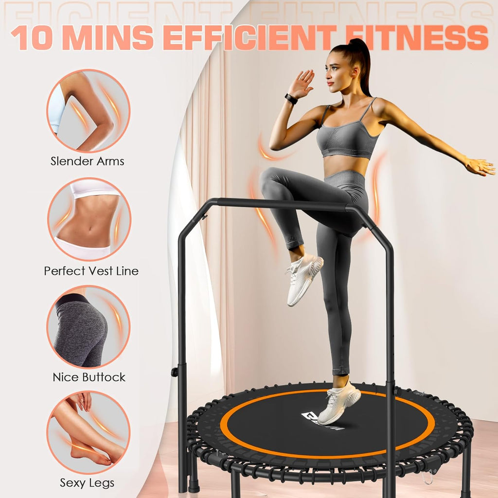BCAN 450/550 LBS Foldable Mini Trampoline, 40"/48" Fitness Trampoline with Bungees, U Shape Adjustable Foam Handle, Stable & Quiet Exercise Rebounder for Adults Indoor/Outdoor Workout wourant