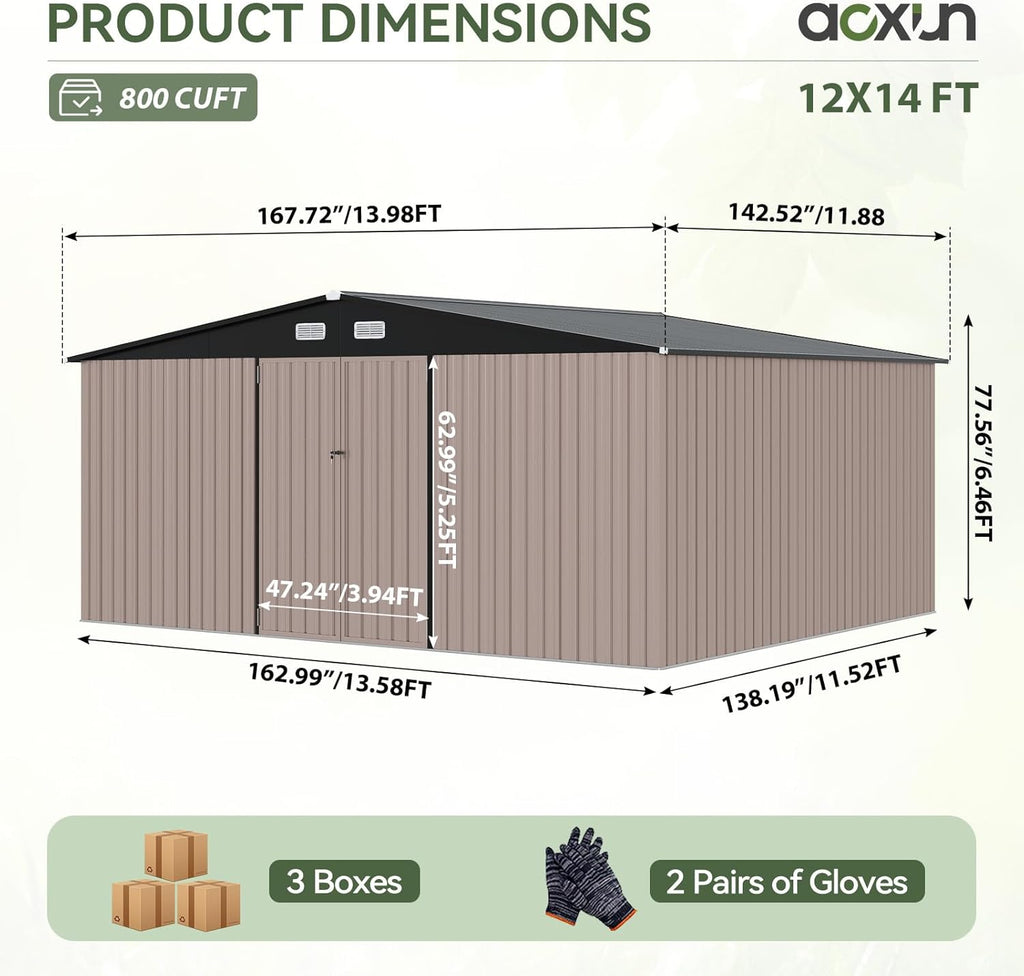 Aoxun 12x10 FT Shed Metal Outdoor Waterproof Storage Shed Steel Utility Garden Tool Shed with Door & Lock Outdoor Storage for Garden Patio Lawn Poolside, Brown wourant