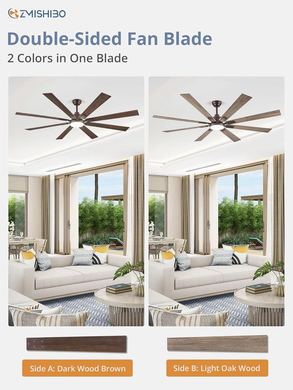 ZMISHIBO 72 inch Large Ceiling Fans with Lights and Remote, Indoor/Outdoor Black Modern Ceiling Fan for Kitchen Living Room Patio, 6 Speed Reversible Quiet DC Motor, 3 CCT, Dual Finish 8 Blades wourant