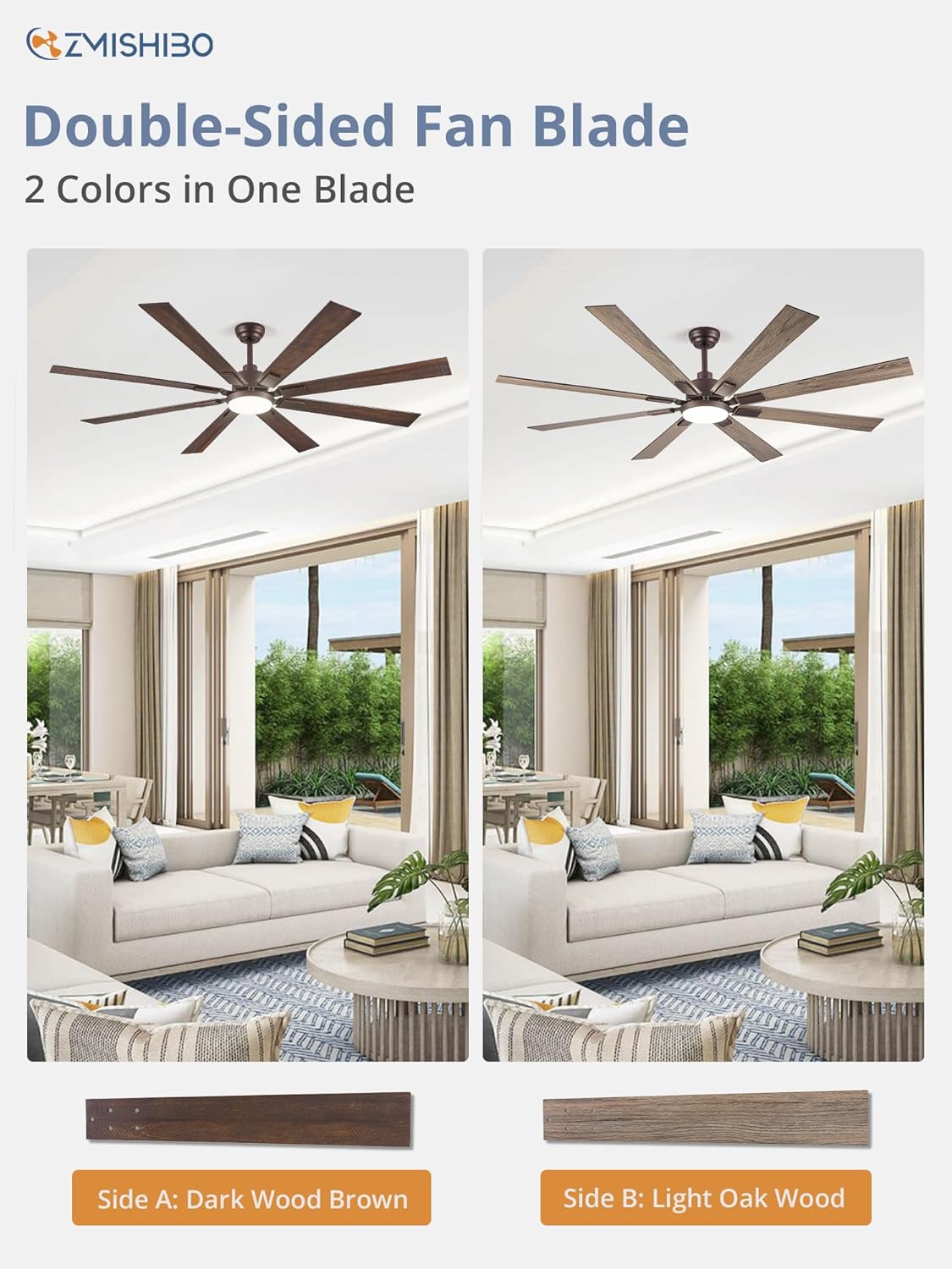 ZMISHIBO 72 inch Large Ceiling Fans with Lights and Remote, Indoor/Outdoor Black Modern Ceiling Fan for Kitchen Living Room Patio, 6 Speed Reversible Quiet DC Motor, 3 CCT, Dual Finish 8 Blades wourant