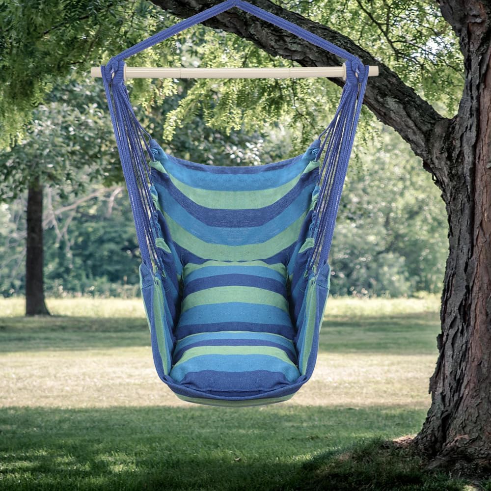 ONCLOUD Hammock Chair Hanging Rope Swing, Load Capacity Up to 550 LBS Macrame Hammock Swing Seat with Two Cushions, Hammock Seats with Portable Steel Spreader Bar for Indoor/Outdoor, Black wourant