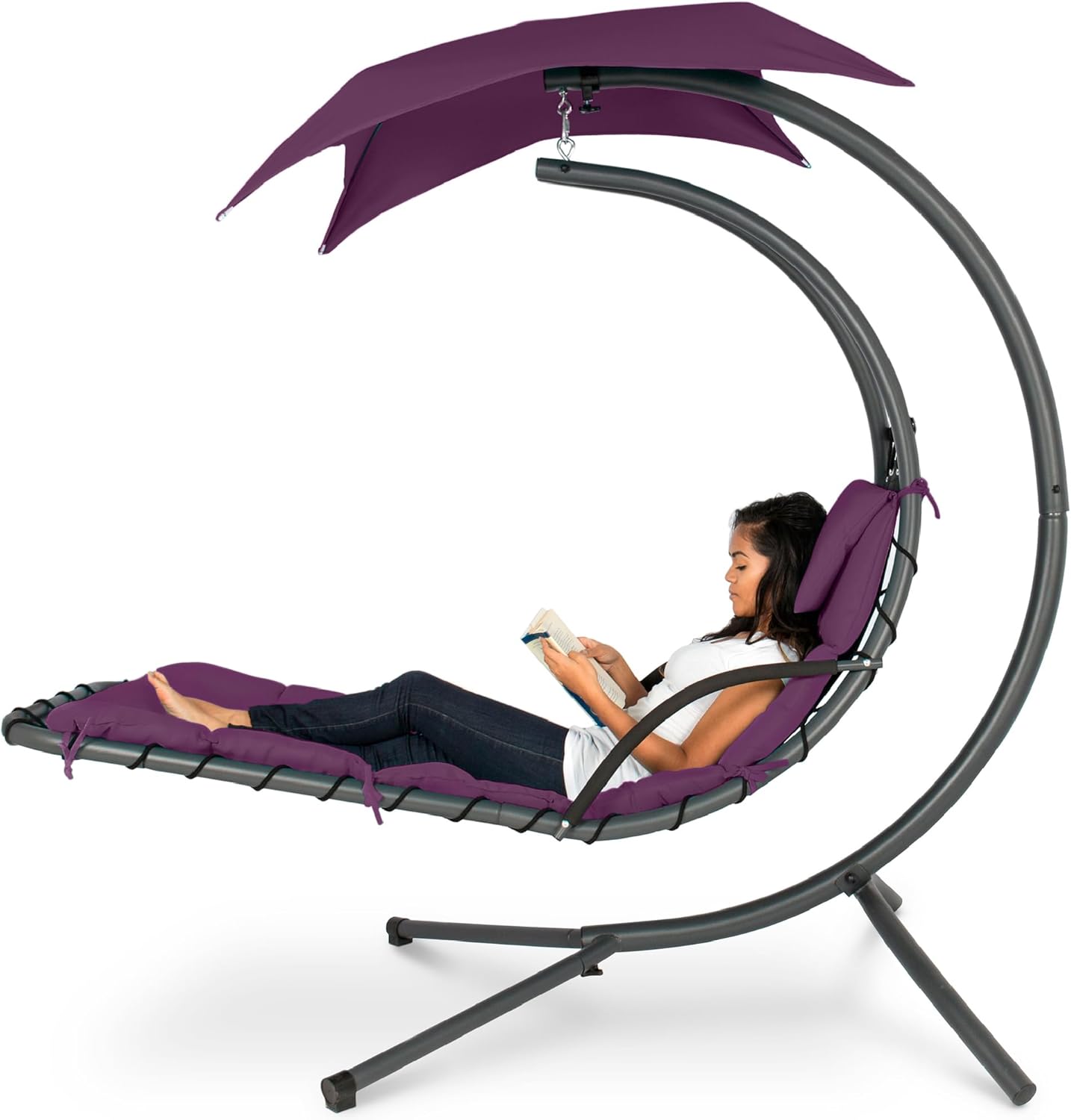 Best Choice Products Outdoor Hanging Curved Steel Chaise Lounge Chair Swing w/Built-in Pillow and Removable Canopy - Charcoal Gray wourant