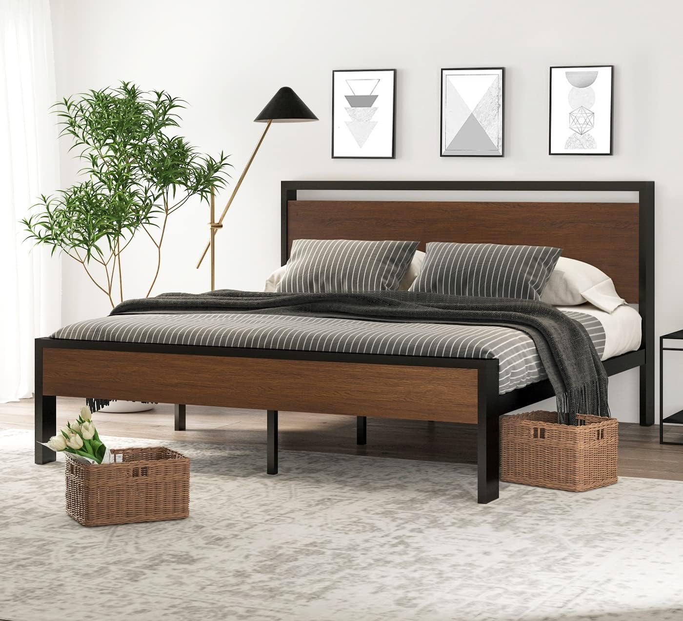 SHA CERLIN 14 Inch Queen Size Metal Platform Bed Frame with Wooden Headboard and Footboard wourant